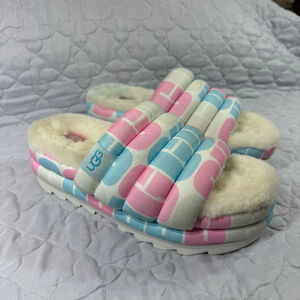 Ugg Pink,White And Blue Slide Platform Size 10